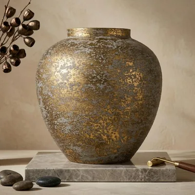 Image de Vase en métal, 29 cm, finition or antique, forme ronde, idéale pour les fleurs séchées, style industriel