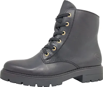A black leather lace-up boot is shown against a white background.