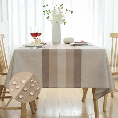 Productafbeelding van Tafelkleed, rechthoekig, linnenlook, 240x140 cm, beige met strepen, afwasbaar, geschikt voor buiten, landelijke stijl