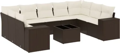 Image de vidaXL Ensemble de salon de jardin 10 pièces avec coussins Marron Poly Rattan