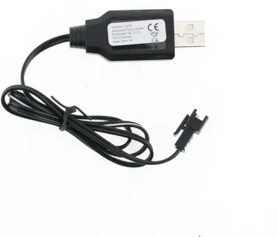 A black USB charging cable with a connector for a battery.