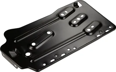 A black metal bracket for a car battery, shown from a diagonal top-down perspective on a white background.