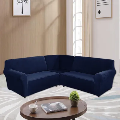 Produktbild von Topchances Samt Sofabezug L Form 5 Sitzer Ecksofabezug 3-teilig Stretch Sofa Überzug für L-förmige Sofamöbel dick weich waschbar Ecksofahusse,Dunkelblau