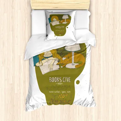 Image de ABAKUHAUS Ensemble housse de couette, fille et chat dormant sur un livre Illustration caricaturale avec citation « Les livres vous donnent des rêves », 135 x 200 cm + 80 x 80 cm, multicolore