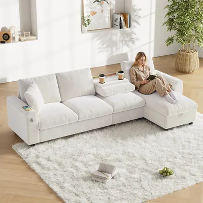 Produktbild von MODFU  L-förmiges Ecksofa Polstermöbel Chaiselongue mit Ausklappbarer Couchtisch und 2 Getränkehaltern,Chenille-Stoffsofa mit 1 USB und 1 Typ-C und Armlehnen,Beige