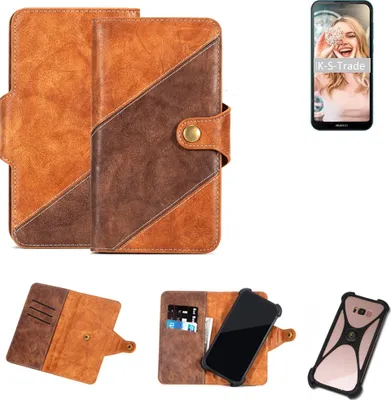 A collage of images showing a brown leather wallet-style phone case, a phone in a case, and a phone with a woman on the screen.