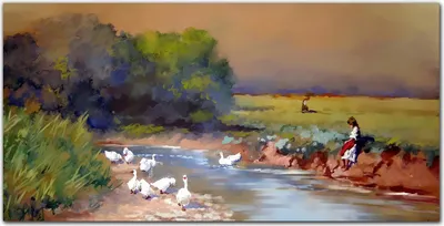 Produktbild von Coloray Bild aus Leinwand 120x60 Leinwand Dekoration - Malerei Gänse Dorfbewohner
