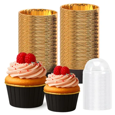 Immagine prodotto di Pirottini per muffin neri e dorati con coperchio – 50+50 pezzi – 50x40 mm – resistenti – antiaderenti