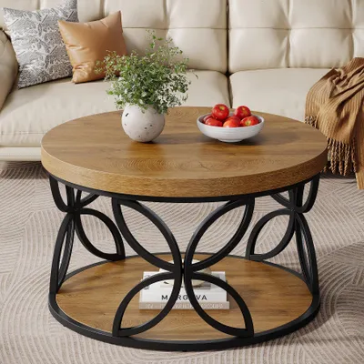 Immagine prodotto di Tavolino rotondo Tribesigns da 80 cm con vano portaoggetti, tavolino a due ripiani per soggiorno e ufficio, con venature rustiche del legno marrone e struttura in metallo