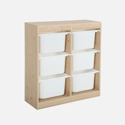 A wooden storage unit with six white bins, presented against a plain white background.