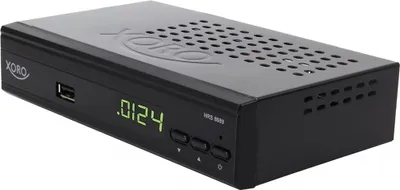 A black digital receiver is shown from a three-quarter angle against a white background.