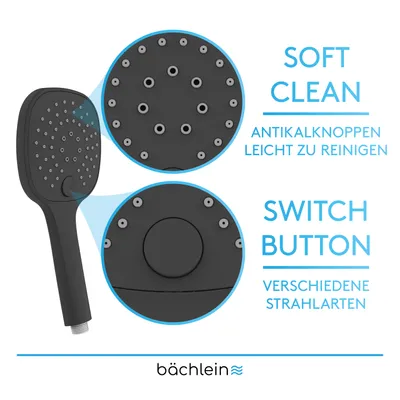 Produktbild von Bächlein Universal Duschbrause - Brausekopf mit 3 Strahlarten, einfach wechselbar durch praktische Drucktaste - Eckiger Duschkopf Matt Schwarz - Handbrause mit Standard G 1/2” Anschlussmaß