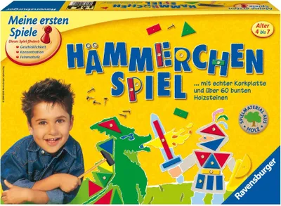 The image shows the packaging of a Ravensburger 'Hämmerchen Spiel' (Hammer Game) for children aged 4-7. It features a smiling boy and illustrations of a knight fighting a dragon.