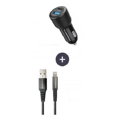 Zdjęcie produktu dla Ładowarka + kabel - THOMSON - Ładowarka samochodowa 60 W - Kabel USB A do L 3A