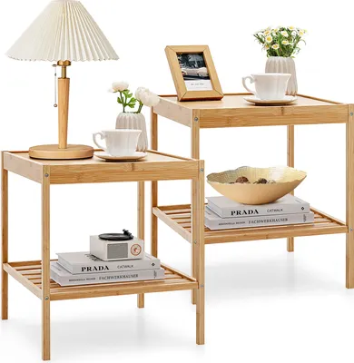Produktbild von COSTWAY 2er Set Nachttisch aus Bambus, 2-stufiger Beistelltisch mit Ablage, Sofatisch, Nachtschrank Nachtkonsole für Wohnzimmer, Schlafzimmer, 40 x 40 x 45 cm