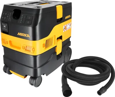 A black and yellow industrial vacuum cleaner with a coiled black hose next to it, presented on a white background.