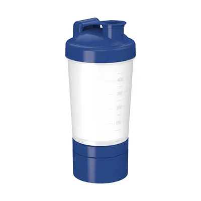 Produktbild von Shaker "Protein" Pro 2+ mit 400 ml - Fitness Shaker für Eiweiß- & Sportgetränke mit drei abnehmbaren Kammern und herausnehmbarem Sieb - transparent/standard-blau PP