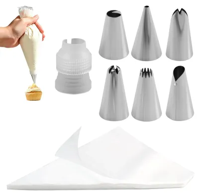 Produktbild von Spritztüten Set - 107-teilig mit 6 Edelstahl Spritztüllen und 100 Einweg Spritzbeuteln - für Torten Cupcake Dekoration und Krapfenfüller