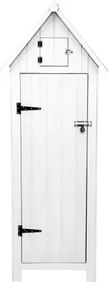 Image de Armoire de jardin en bois [blanche], résistante à l'eau, portes verrouillables, 3 étagères et 4 crochets, lucarne, kit de fixation au sol, cache-vis, toit en bitume [cadenas et 4 clés inclus]