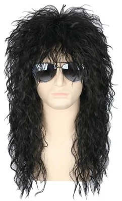 Obrázek produktu pro Dámská paruka ve stylu 80. let, rock, punk, pop, černá, kudrnatá, mullet, 21 palců