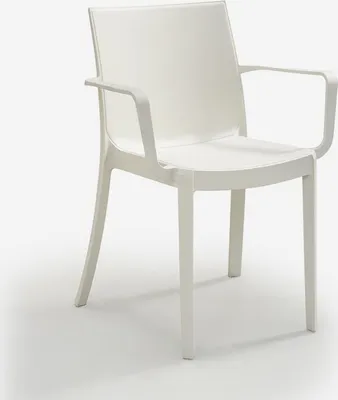 A white plastic garden chair with armrests is shown against a white background.