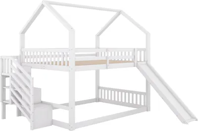 Produktbild von Etagenbett,140x200cm,Hochbett mit Stauraumtreppe und Rutsche, Hausbett, Kinderbett mit Geländer, geeignet für Kinder, Jugendliche,Weiß