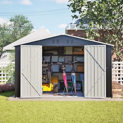 Produktbild von Geräteschuppen XXXL aus Metall, Gartenhaus 300x252x191cm mit Satteldach, 2 Schiebetüren, Abschließbar, Anthrazit, Wetterfest
