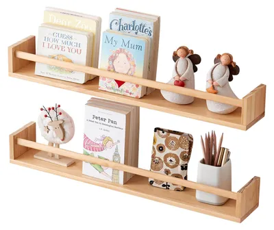 Image de Étagère murale en bois pour chambre d'enfant, 2 éléments, étagère de 70 cm, étagère murale pour chambre d'enfant, étagère murale suspendue en bois pour livres, contes et magazines