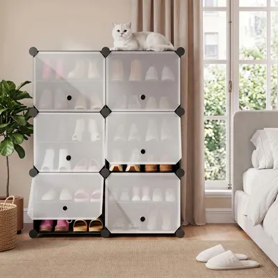Obrázek produktu pro Botník – skříň na boty s 6 přihrádkami – PVC – plast – s dvířky – úsporný design – černý, 2 × 3