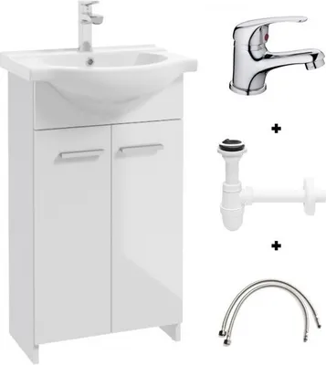 A white bathroom vanity with a sink and faucet, along with plumbing parts, displayed against a white background.