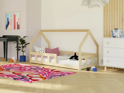 Produktbild von Niedriges Hausbett für Kinder FENCE 6-in-1 mit Barriere 120x200 cm Unlackiert, Mit einem Rausfallschutz rechts