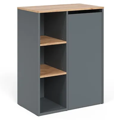 A product shot of a gray cabinet with wooden shelves and a wooden top.