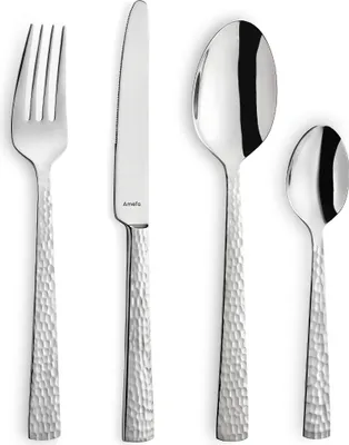 A set of four stainless steel cutlery pieces, including a fork, knife, tablespoon, and teaspoon, arranged on a white background.