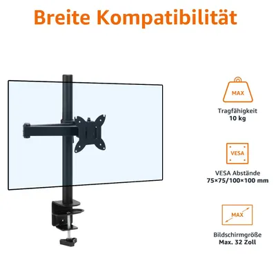 Imagen del producto de Soporte ajustable para monitor de la marca Amazon Basics, compatible con monitores de hasta 32 pulgadas, color negro, para escritorio