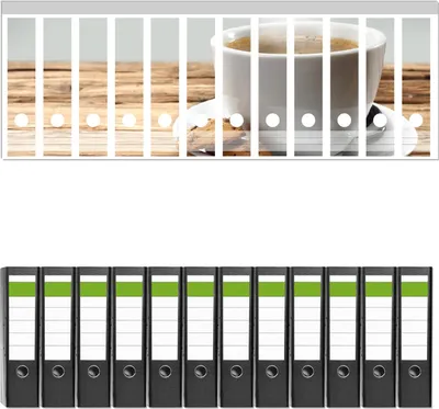 Produktbild von Wallario 12 Stück breite Ordner inkl. Klebeetiketten mit Motive Heiße Tasse Kaffee mit Kaffeebohnen -  Set mit Rückenschildern / Ordnerrücken Stickern