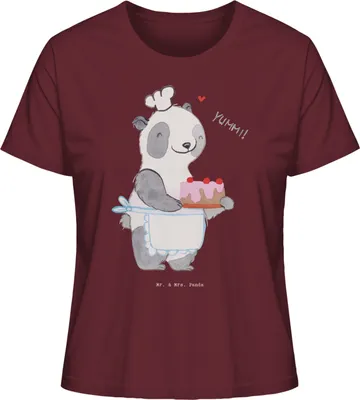 Produktbild von Mr. & Mrs. Panda Oberteil Damen Panda Backen Größe XL - Burgundy - Geschenk, Baumwoll T-Shirt, Hobbybäcker, Basic, shirt, Kuchen, Bio