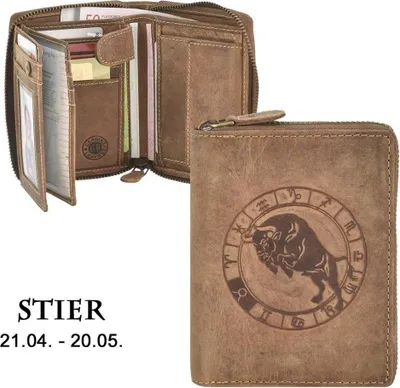 Produktbild von Greenburry Geldbörse Herren Leder braun antik Vintage mit Sternzeichen Prägung Portemonnaie mit Reißverschluss 821A-STIER