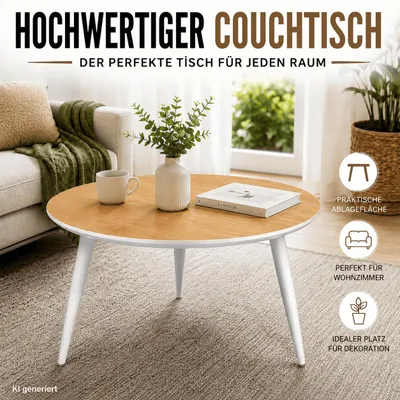 Produktbild von Hochwertiger Couchtisch Beistelltisch Wohnzimmertisch Sofatisch Rund weiß Eiche
