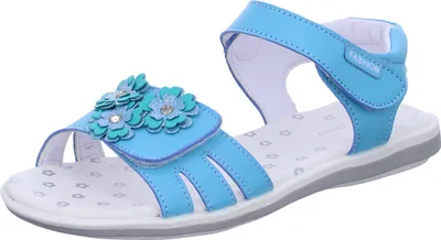 Produktbild von Blaue Damen Sommer Sandalette mit Blumen-Applikationen und flacher Sohle