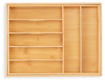 Produktbild von Relaxdays Besteckkasten für Schubladen, ausziehbar, 7-9 Fächer, HBT: 5 x 34-50,5 x 44,5 cm, Besteckeinsatz Bambus, natur
