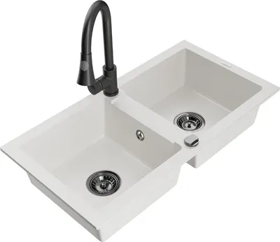 Produktbild von Mexen Mario 2-Becken-Granitspüle mit Mischbatterie Elia, Weiß - 6504-20-670101-70