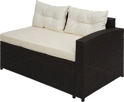 Produktbild von Poly-Rattan Garnitur HWC-J34, Balkon-/Garten-/Lounge-Set Sitzgruppe Sofa, Staufach  braun, Kissen creme-beige