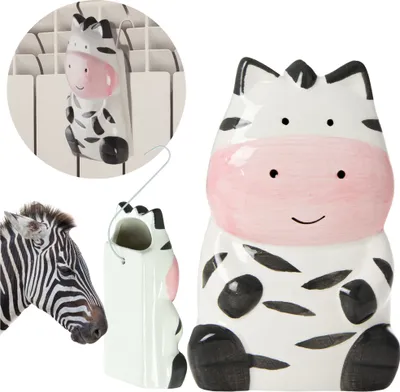 A collage of images showing a ceramic zebra-shaped radiator humidifier, a close-up of the humidifier, and a zebra's head.