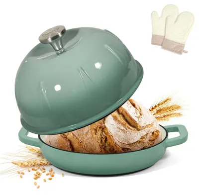 Produktbild von Gusseisen Brotbacktopf 5,35L/25cm Meersalzgrün mit Ofenhandschuhen