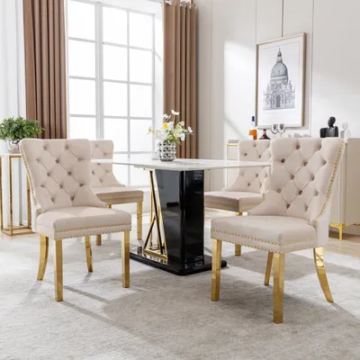 Produktbild von Flieks Esszimmerstühle 4er Sets, Wohnzimmerstühle Küchenstühle mit Edelstahlbeinen, Polsterstühle Stühle mit Rückenlehne, Samtbezug, Beige
