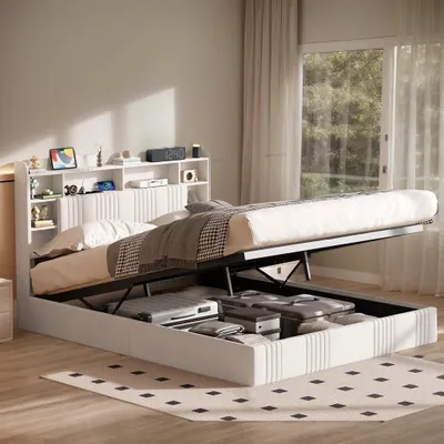 Produktbild von INONEFT Polsterbett 140x200 cm Hydraulisch Stauraumbett mit LED und USB, Bettgestell mit Lattenrost und Stauraum-Kopfteil, Leinen Beige, Ohne Matratze