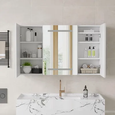 Produktbild von INONEFT Spiegelschrank Bad LED mit 3-Farben-Beleuchtung 100x13.5x60cm,Rasiersteckdose Touch,3 Türen Spiegelschrank,mit Verstellbare,Entfogging,weiß