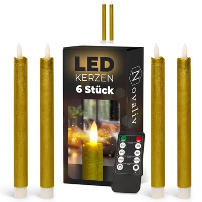 Produktbild von Stabkerzen LED mit Timer GOLD 8 Stück indoor - 6 Stunden - ECHTWACHS 23cm Höhe für Kerzen 2,2cm Durchmesser 2 AAA Batterien notwendig LED Stabkerzen 4er Set GOLD (zwei Mal) bewegliche Flamme Licht