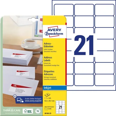 Image de Avery Zweckform J8160-25 Étiquettes d'adresse, A4, 63,5 x 38,1 mm, 25 feuilles/525 étiquettes, blanc