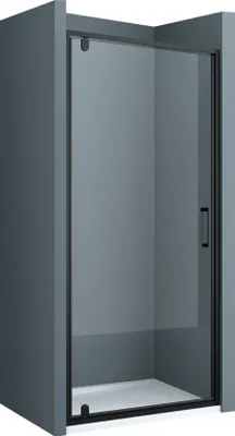 A modern shower enclosure with a black frame and clear glass door, set against a plain gray background.